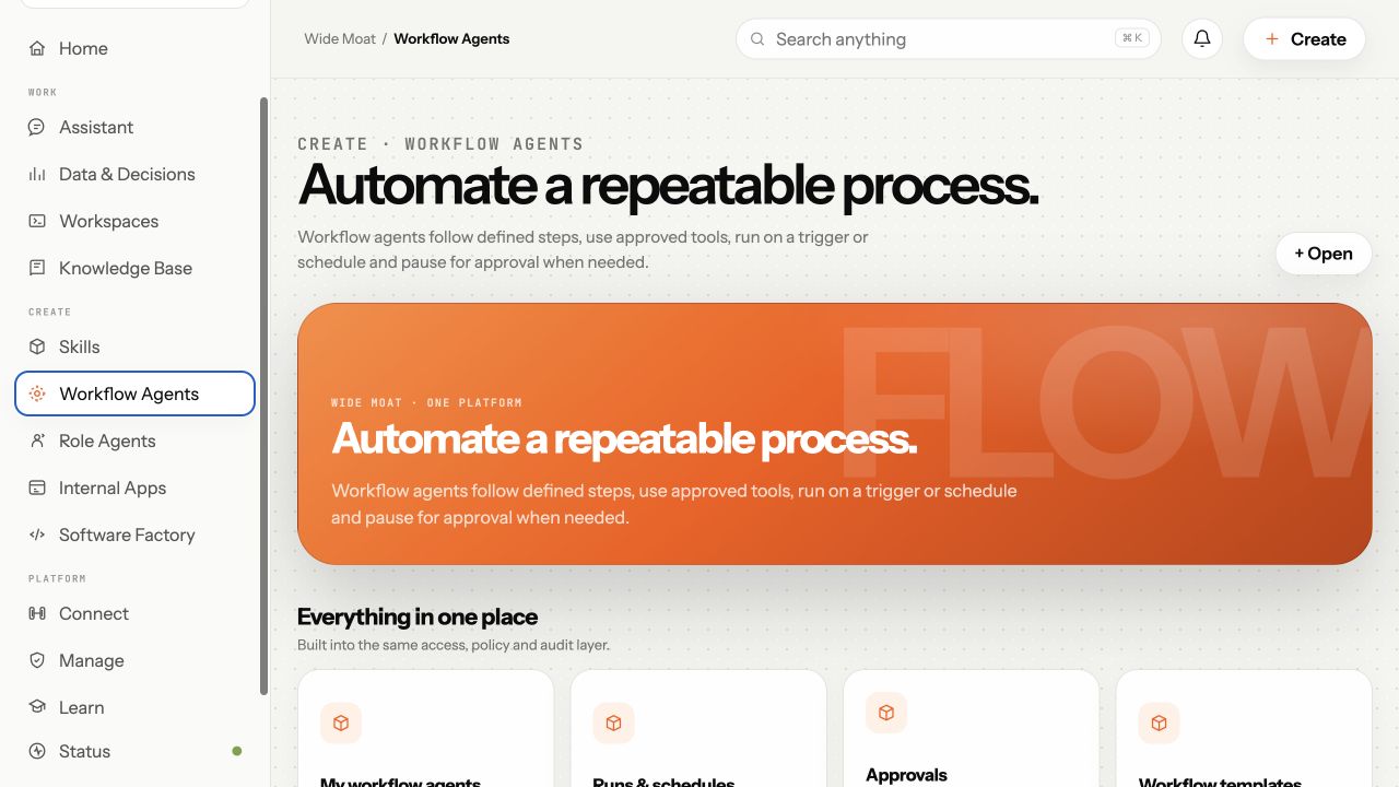 A workflow agent inside the shared Wide Moat workspace.